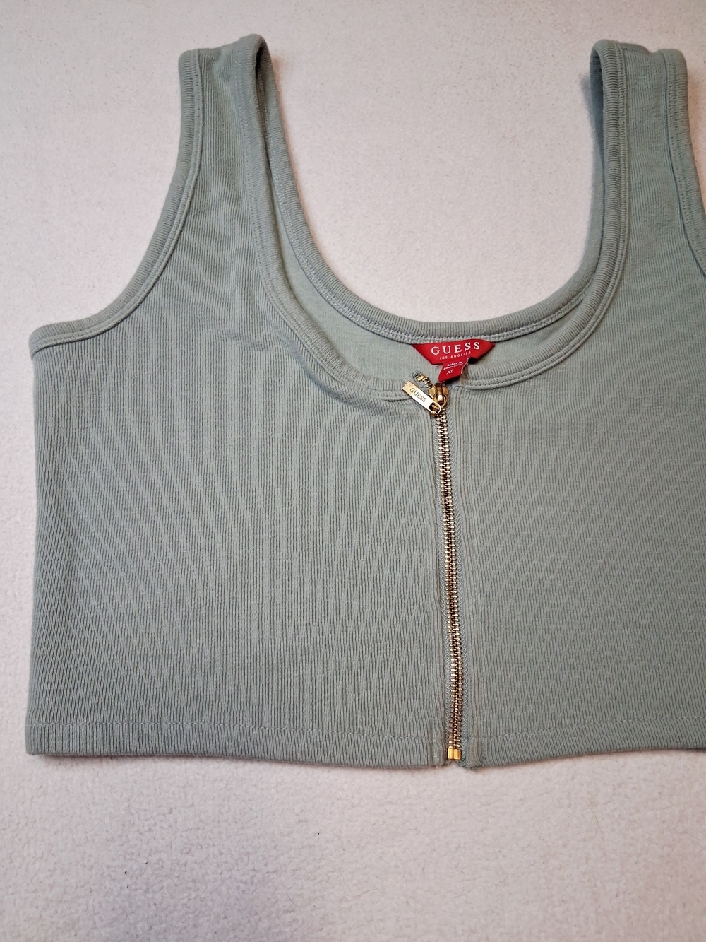 GUESS Sage Green Ribbed Zip-Front Crop Top - Picture 7 of 7